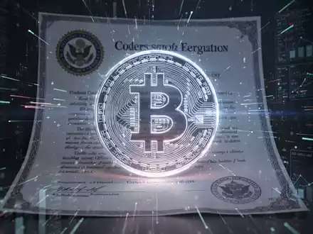 Ein glühendes Bitcoin-Symbol, das in ein stilisiertes staatliches Siegel integriert ist, umgeben von digitalen Datenströmen. - Foto: über boerse-global.de