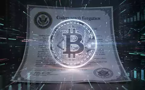 Ein glühendes Bitcoin-Symbol, das in ein stilisiertes staatliches Siegel integriert ist, umgeben von digitalen Datenströmen. - Foto: über boerse-global.de