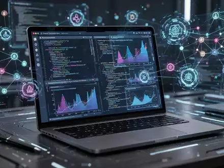 A glowing digital notebook with data visualizations and code, surrounded by holographic information nodes, symbolizing advanced AI research. - Foto: über boerse-global.de