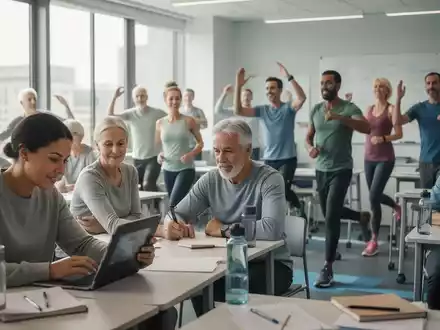Eine Gruppe Erwachsener unterschiedlichen Alters in einem modernen Klassenzimmer, einige lernen am Tablet, andere machen leichte Fitnessübungen. - Foto: über boerse-global.de