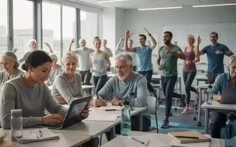 Eine Gruppe Erwachsener unterschiedlichen Alters in einem modernen Klassenzimmer, einige lernen am Tablet, andere machen leichte Fitnessübungen. - Foto: über boerse-global.de