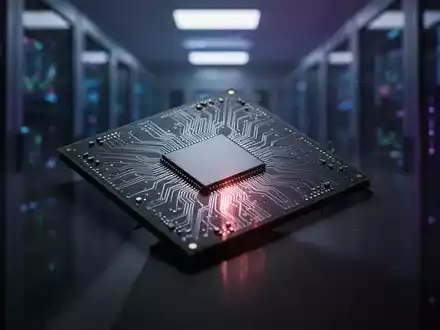 Ein Halbleiterchip mit dramatischer Beleuchtung, ein Schatten fällt darauf, im Hintergrund ein unscharfes Rechenzentrum. - Foto: über boerse-global.de