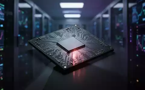 Ein Halbleiterchip mit dramatischer Beleuchtung, ein Schatten fällt darauf, im Hintergrund ein unscharfes Rechenzentrum. - Foto: über boerse-global.de