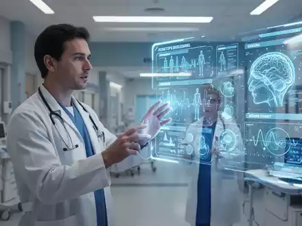 A healthcare professional interacts with a holographic interface displaying data in a modern hospital, symbolizing AI in healthcare. - Foto: über boerse-global.de