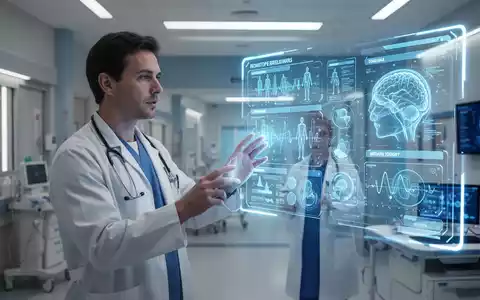 A healthcare professional interacts with a holographic interface displaying data in a modern hospital, symbolizing AI in healthcare. - Foto: über boerse-global.de