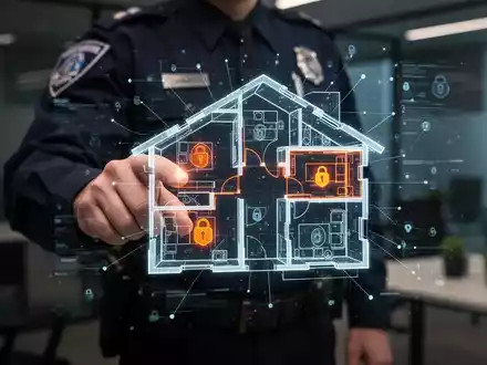 Eine Hand eines Polizisten zeigt auf eine holografische Projektion eines Hausgrundrisses mit hervorgehobenen Schwachstellen. - Foto: über boerse-global.de