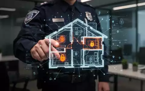 Eine Hand eines Polizisten zeigt auf eine holografische Projektion eines Hausgrundrisses mit hervorgehobenen Schwachstellen. - Foto: über boerse-global.de
