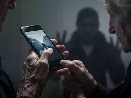 Eine ältere Hand hält ein Smartphone, im Hintergrund eine verschwommene, schattenhafte Figur, die Bedrohung und Verletzlichkeit symbolisiert. - Foto: über boerse-global.de