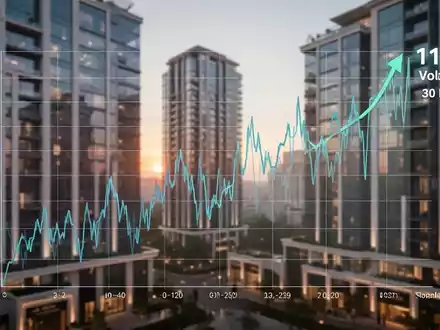 Ein stilisierter Graph mit starker Volatilität und Aufwärtstrend vor unscharfen modernen Hochhäusern bei Sonnenaufgang. - Foto: über boerse-global.de