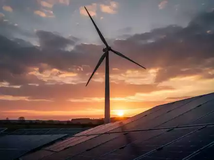 Eine einzelne Windkraftanlage vor einem dramatischen Sonnenuntergang mit Solarmodulen im Vordergrund. - Foto: über boerse-global.de