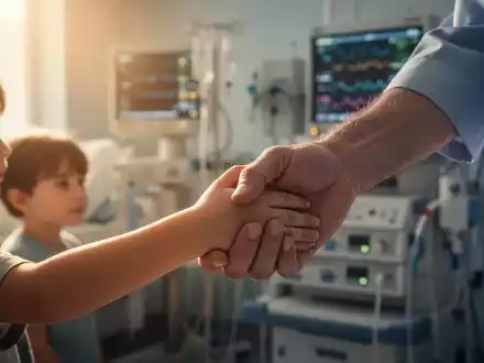 Eine Kinderhand hält eine Erwachsenenhand; im unscharfen Hintergrund sind medizinische Geräte zu erkennen. Symbolisiert Unterstützung und fortschrittliche medizinische Versorgung. - Foto: über boerse-global.de