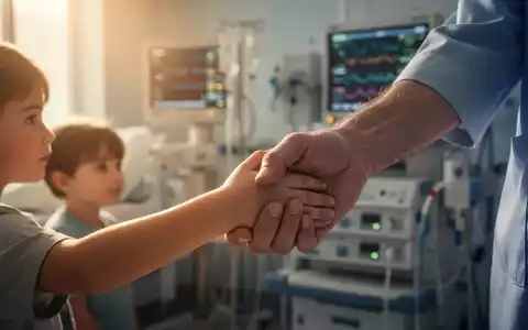 Eine Kinderhand hält eine Erwachsenenhand; im unscharfen Hintergrund sind medizinische Geräte zu erkennen. Symbolisiert Unterstützung und fortschrittliche medizinische Versorgung. - Foto: über boerse-global.de