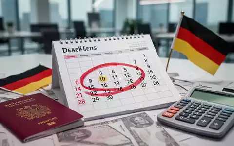 Nahaufnahme eines Kalenderblatts mit rotem Kreis, umgeben von einem deutschen Pass, einer kleinen deutschen Flagge und einem Taschenrechner. - Foto: über boerse-global.de