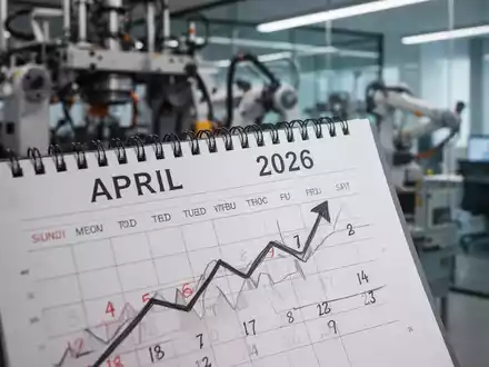 Nahaufnahme eines Kalenderblatts mit 'APRIL 2026' und einem dezenten Abwärtspfeil, im Hintergrund unscharfe Fabrikmaschinen. - Foto: über boerse-global.de