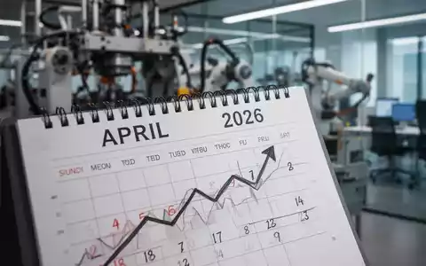 Nahaufnahme eines Kalenderblatts mit 'APRIL 2026' und einem dezenten Abwärtspfeil, im Hintergrund unscharfe Fabrikmaschinen. - Foto: über boerse-global.de