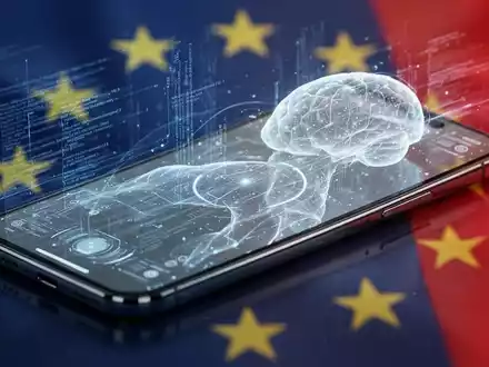 Smartphone screen with glowing AI interface, lines of code, and a blurred background of EU flag colors. - Foto: über boerse-global.de