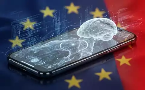 Smartphone screen with glowing AI interface, lines of code, and a blurred background of EU flag colors. - Foto: über boerse-global.de