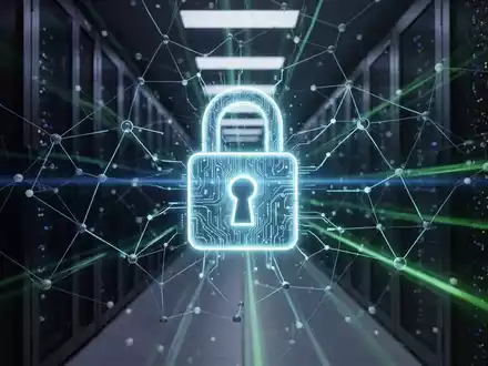 Ein digitales Vorhängeschloss leuchtet über einem komplexen Netzwerk von KI-Systemen, das Cybersicherheit und Echtzeit-Bedrohungsblockierung symbolisiert. - Foto: über boerse-global.de