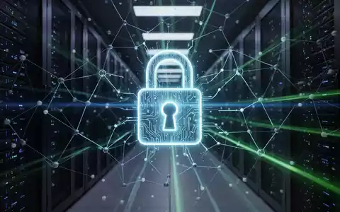 Ein digitales Vorhängeschloss leuchtet über einem komplexen Netzwerk von KI-Systemen, das Cybersicherheit und Echtzeit-Bedrohungsblockierung symbolisiert. - Foto: über boerse-global.de