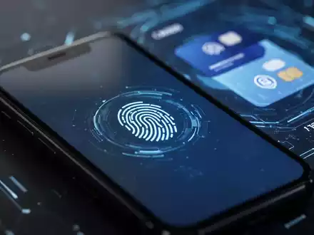 A close-up of a hand holding a smartphone with a biometric fingerprint icon on the screen, symbolizing secure digital payments. - Foto: über boerse-global.de