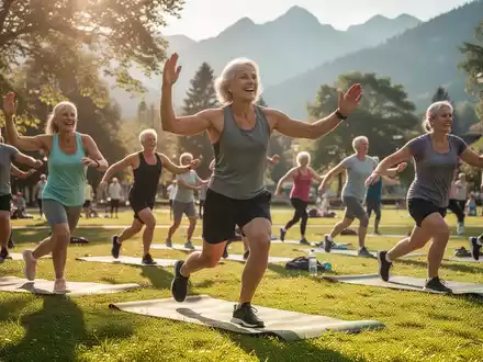 Eine Gruppe von Menschen unterschiedlichen Alters nimmt an einem kostenlosen Fitnesskurs im Freien in einem sonnigen Park teil. - Foto: über boerse-global.de
