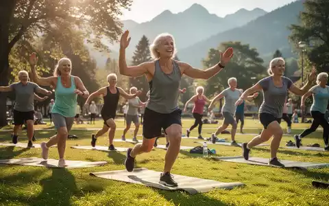 Eine Gruppe von Menschen unterschiedlichen Alters nimmt an einem kostenlosen Fitnesskurs im Freien in einem sonnigen Park teil. - Foto: ĂŒber boerse-global.de