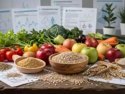 Eine Auswahl an glutenfreien Lebensmitteln, darunter frisches Gemüse, Obst und Getreide, auf einem Holztisch. - Foto: über boerse-global.de