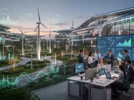 Ein nachhaltiger Unternehmencampus bei Sonnenuntergang, mit modernen Gebäuden, Grünflächen und digitalen Datenströmen. Fachleute in einem modernen Büro betrachten Datenvisualisierungen. - Foto: über boerse-global.de