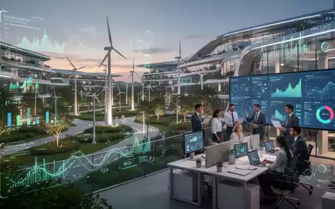 Ein nachhaltiger Unternehmencampus bei Sonnenuntergang, mit modernen Gebäuden, Grünflächen und digitalen Datenströmen. Fachleute in einem modernen Büro betrachten Datenvisualisierungen. - Foto: über boerse-global.de