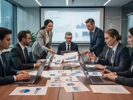 Geschäftsleute in einem modernen Konferenzraum, die Finanzdokumente besprechen, mit Laptops und Diagrammen auf dem Tisch. - Foto: über boerse-global.de