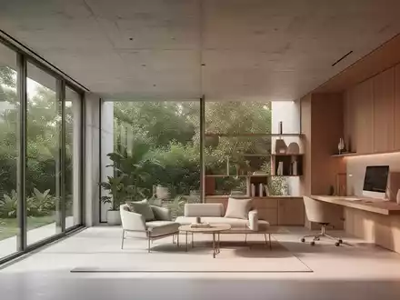 Eine moderne minimalistische Wohnarchitektur mit klaren Linien, großen Fenstern und warmen Naturtönen, umgeben von Grünflächen. - Foto: über boerse-global.de