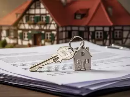 Ein Schlüssel mit einem hausförmigen Anhänger liegt auf einem Stapel von Rechtsdokumenten. Im Hintergrund ist unscharf ein Haus zu sehen. - Foto: über boerse-global.de