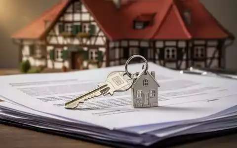 Ein Schlüssel mit einem hausförmigen Anhänger liegt auf einem Stapel von Rechtsdokumenten. Im Hintergrund ist unscharf ein Haus zu sehen. - Foto: über boerse-global.de