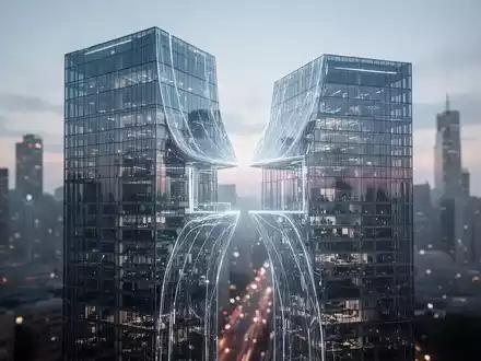 Zwei abstrakte, futuristische Gebäude, die sich symbolisch für eine milliardenschwere Übernahme im Gesundheitswesen verbinden. - Foto: über boerse-global.de