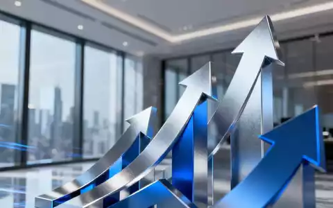 Abstrakte Darstellung von Finanzwachstum mit aufsteigenden Pfeilen und geometrischen Formen in Blau- und Silbertönen vor einem unscharfen Bürohintergrund. - Foto: über boerse-global.de