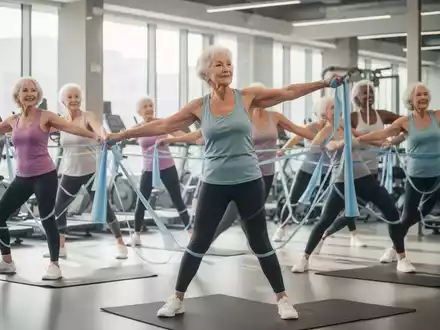 Eine Gruppe älterer Frauen macht Gymnastik in einem hellen Studio, dehnt sich mit Widerstandsbändern und lächelt dabei. - Foto: über boerse-global.de