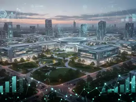 Futuristischer AI-Forschungscampus bei Sonnenuntergang, der Innovation und Investitionen symbolisiert, mit digitalen Overlays. - Foto: über boerse-global.de