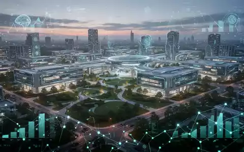 Futuristischer AI-Forschungscampus bei Sonnenuntergang, der Innovation und Investitionen symbolisiert, mit digitalen Overlays. - Foto: über boerse-global.de