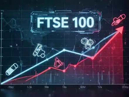 Ein stilisierter Graph zeigt einen Abwärtstrend für Pharma und einen Aufwärtstrend für Geopolitik, beeinflussend den FTSE 100 Index. - Foto: über boerse-global.de