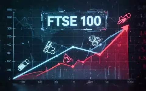 Ein stilisierter Graph zeigt einen Abwärtstrend für Pharma und einen Aufwärtstrend für Geopolitik, beeinflussend den FTSE 100 Index. - Foto: über boerse-global.de