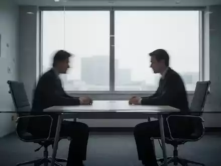 Eine verschwommene Person sitzt an einem Tisch in einem modernen Büro, gegenüber einem leeren Stuhl, der Entlassung symbolisiert. - Foto: über boerse-global.de