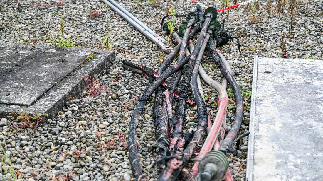 Verkokelte Kabel nach dem Brand in Reutlingen. - Bild: Jason Tschepljakow/dpa