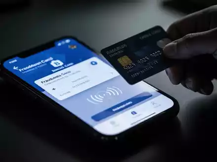 Nahaufnahme eines Smartphones mit einer gefälschten Banking-App, daneben eine Kreditkarte, die auf NFC-Betrug hindeutet. - Foto: über boerse-global.de