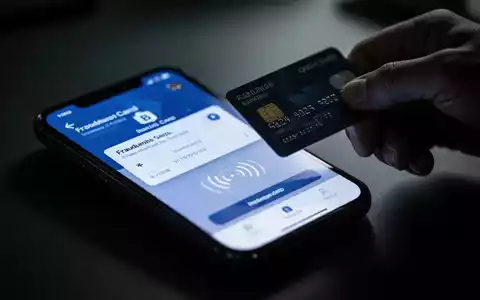 Nahaufnahme eines Smartphones mit einer gefälschten Banking-App, daneben eine Kreditkarte, die auf NFC-Betrug hindeutet. - Foto: über boerse-global.de