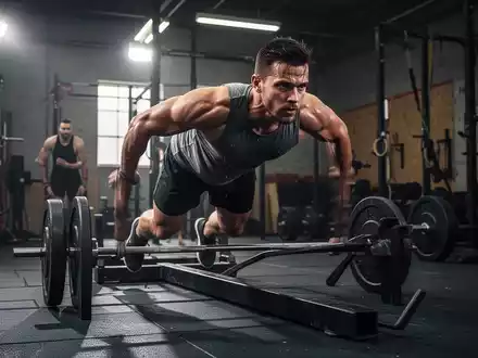 Ein Athlet schiebt einen Gewichtsschlitten in einem Fitnessstudio, fokussiert und entschlossen, während er für einen Hyrox-Wettkampf trainiert. - Foto: über boerse-global.de