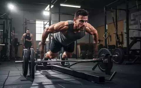 Ein Athlet schiebt einen Gewichtsschlitten in einem Fitnessstudio, fokussiert und entschlossen, während er für einen Hyrox-Wettkampf trainiert. - Foto: über boerse-global.de