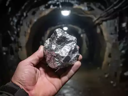 Nahaufnahme einer Hand, die ein hochgradiges Silbererzmuster in einem Bergwerkstunnel hält. - Foto: über boerse-global.de