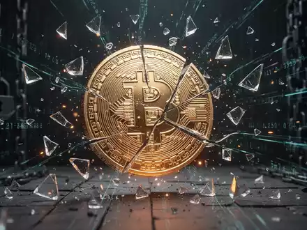 A visually striking image depicting a shattered digital coin or blockchain network, symbolizing a cryptocurrency hack and financial loss. - Foto: über boerse-global.de