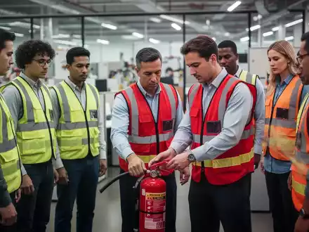 Eine Gruppe von Personen in Sicherheitswesten nimmt an einer Brandschutzschulung teil, wobei eine Person die Handhabung eines Feuerlöschers demonstriert. - Foto: über boerse-global.de