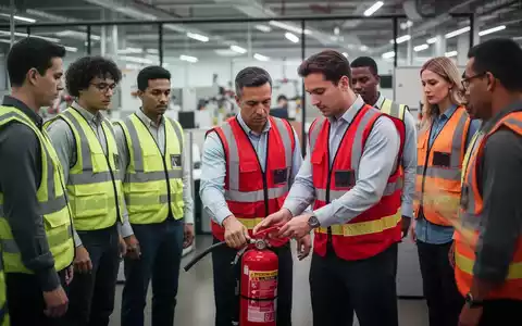 Eine Gruppe von Personen in Sicherheitswesten nimmt an einer Brandschutzschulung teil, wobei eine Person die Handhabung eines Feuerlöschers demonstriert. - Foto: über boerse-global.de